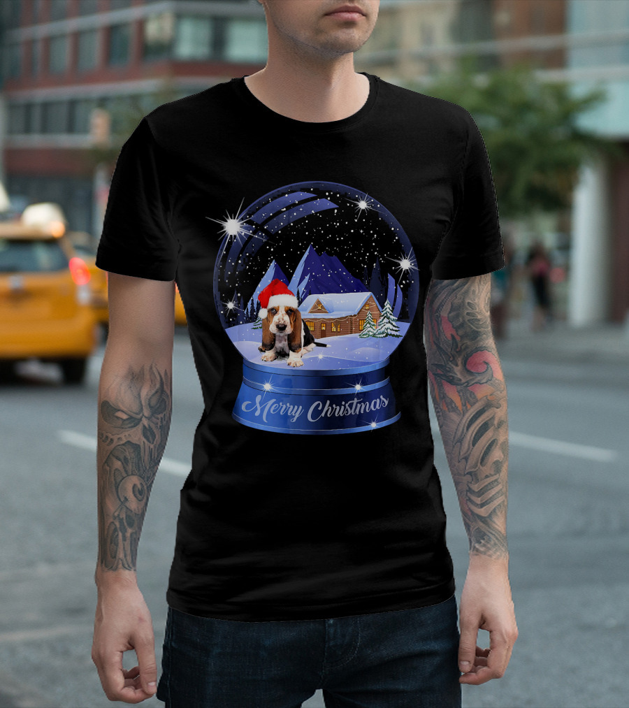 Merry Christmas Basset Hound Dog Lover Inside Crystal Snow Globe T-Shirt
