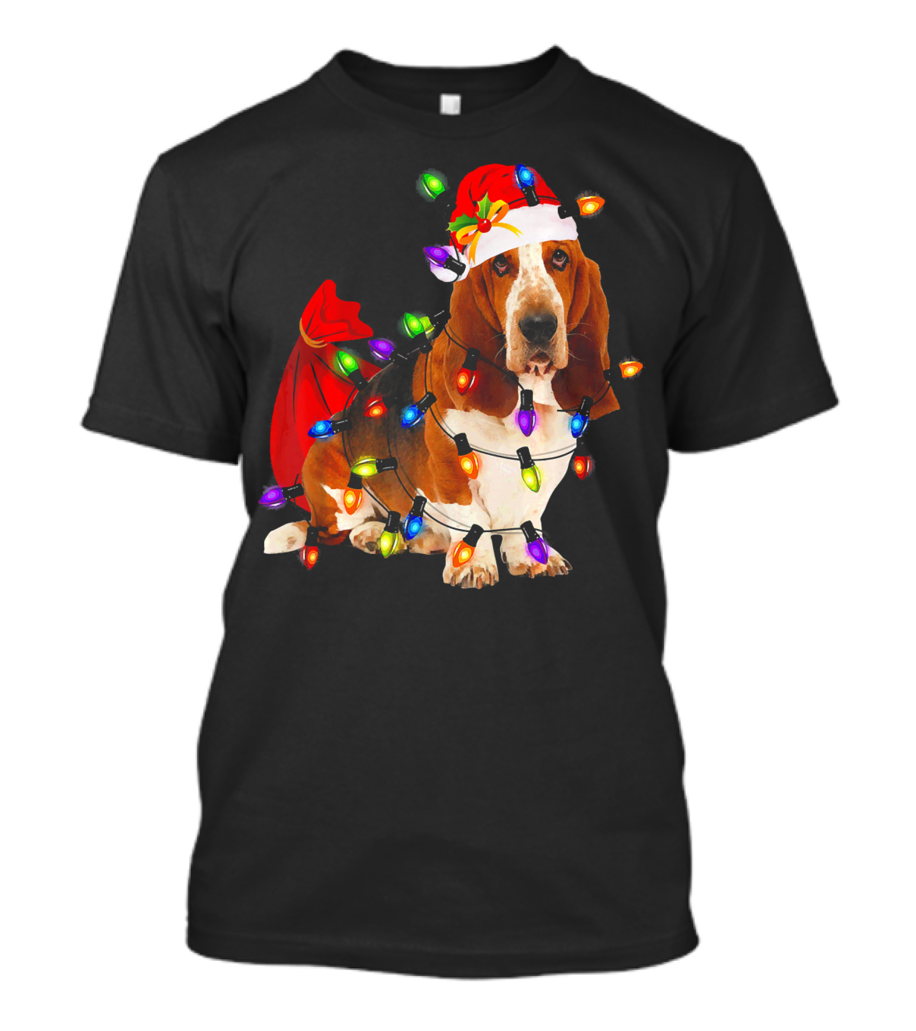 Basset Hound Santa Hat Christmas Lights Holiday Fun T-Shirt