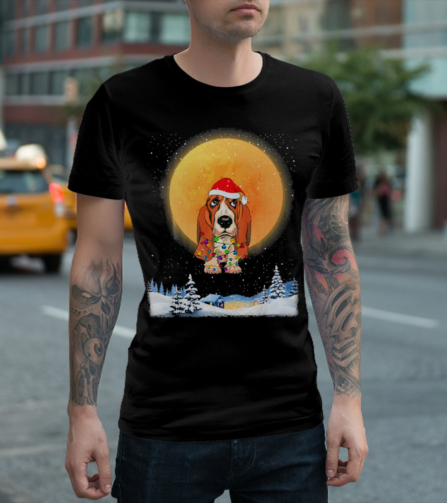 Basset Hound Christmas Santa Hat Winter Moon Snow Scene T-Shirt
