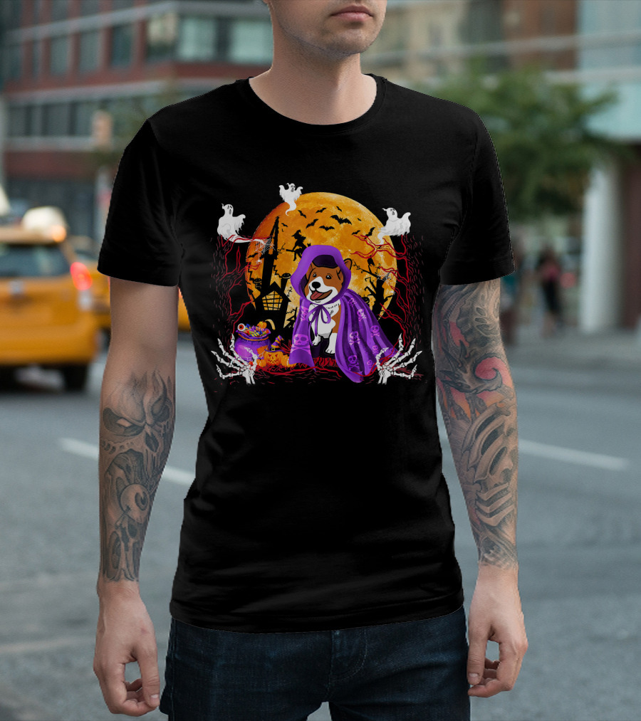 Welsh Corgi Dog in Purple Cloak with Ghosts and Full Moon Halloween Scene T-Shirt