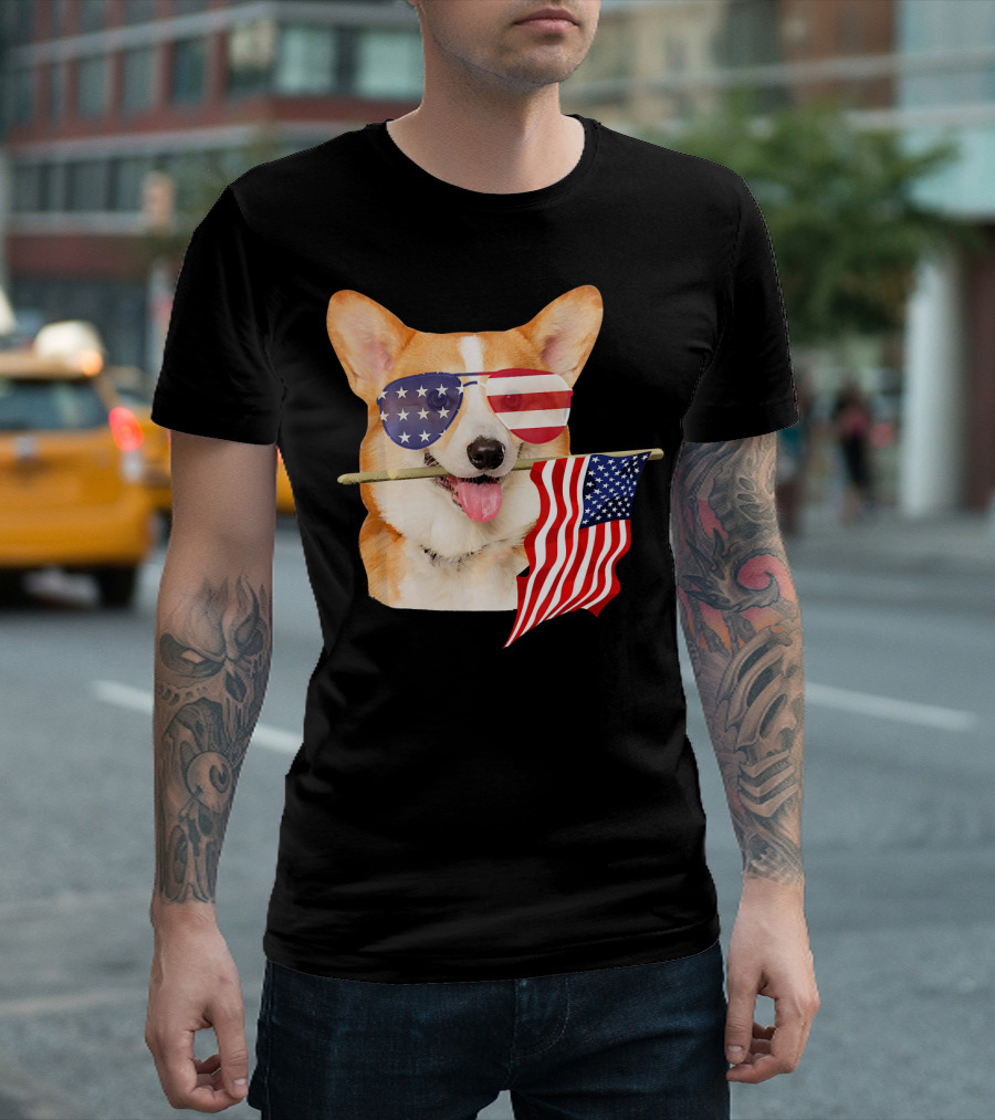 American Flag Sunglasses Corgi Holding Fourth of July Flag T-Shirt