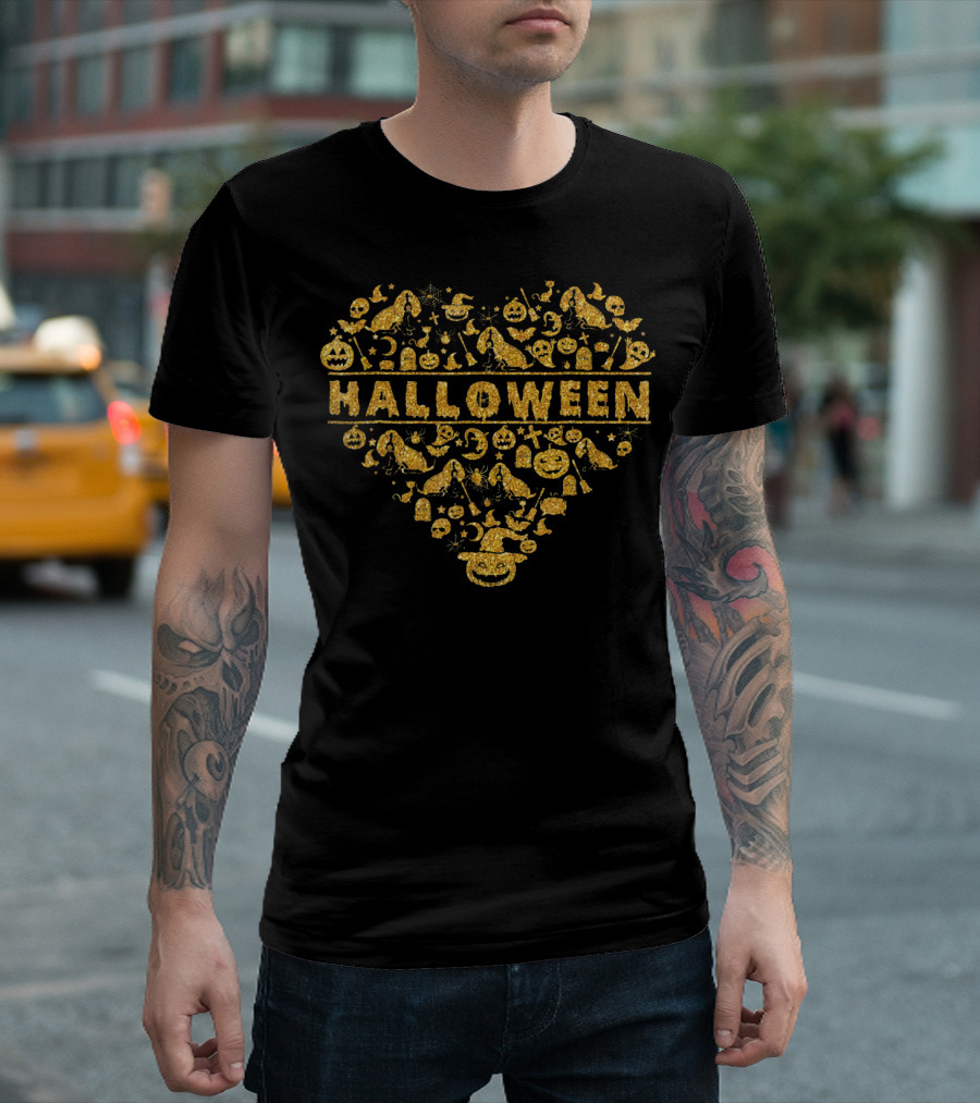 Basset Hound Halloween Heart Pumpkin Ghost Bat Cat Hat T-Shirt