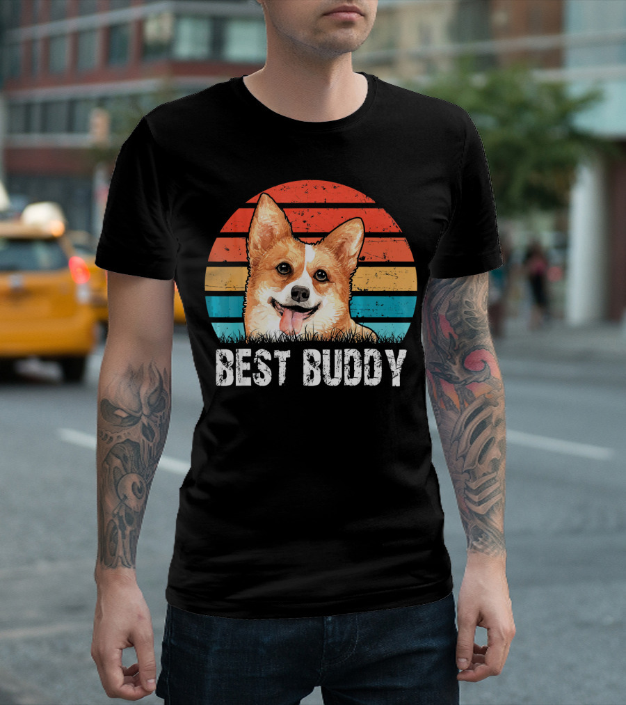Welsh Corgi Best Buddy Retro Stripes T-Shirt