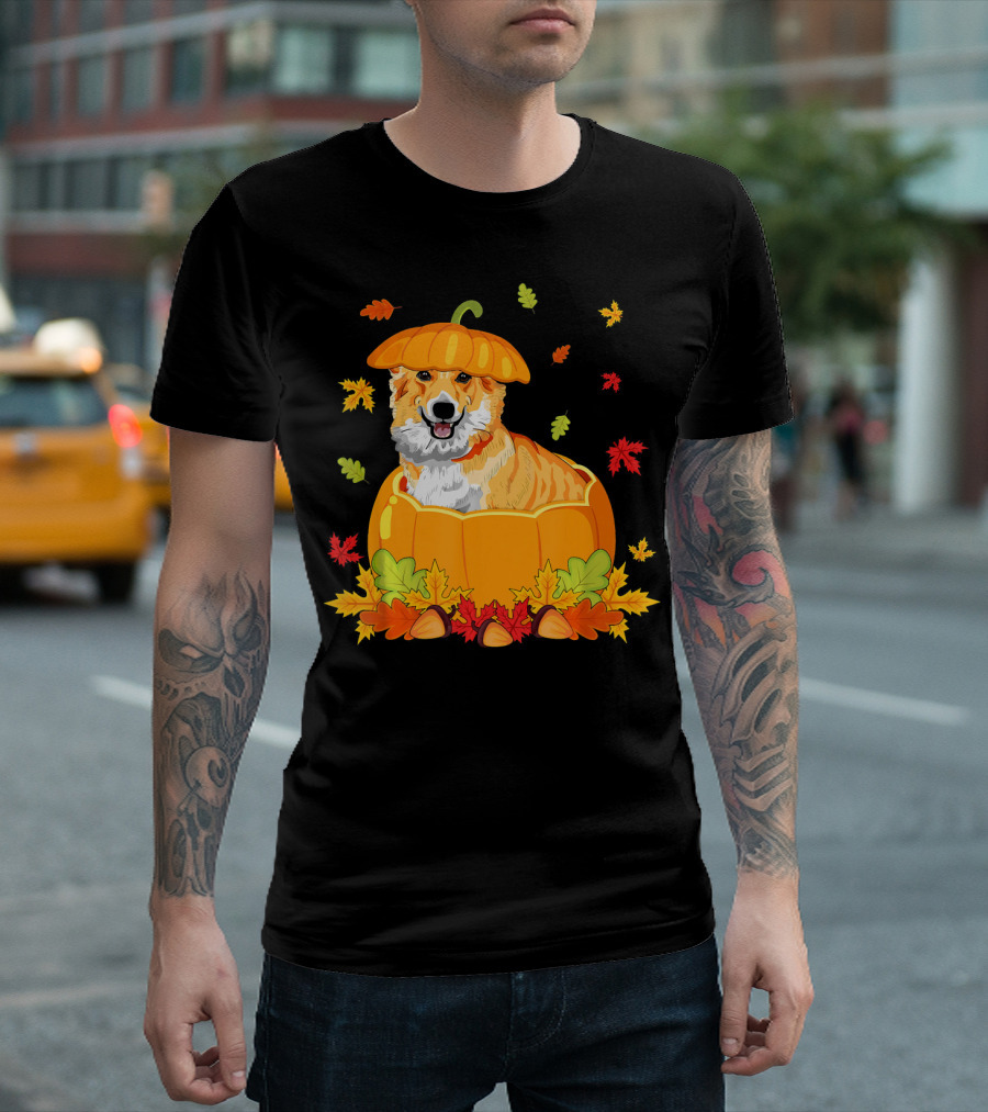 Thanksgiving Cute Corgi in Pumpkin with Autumn Leaves T-Shirt