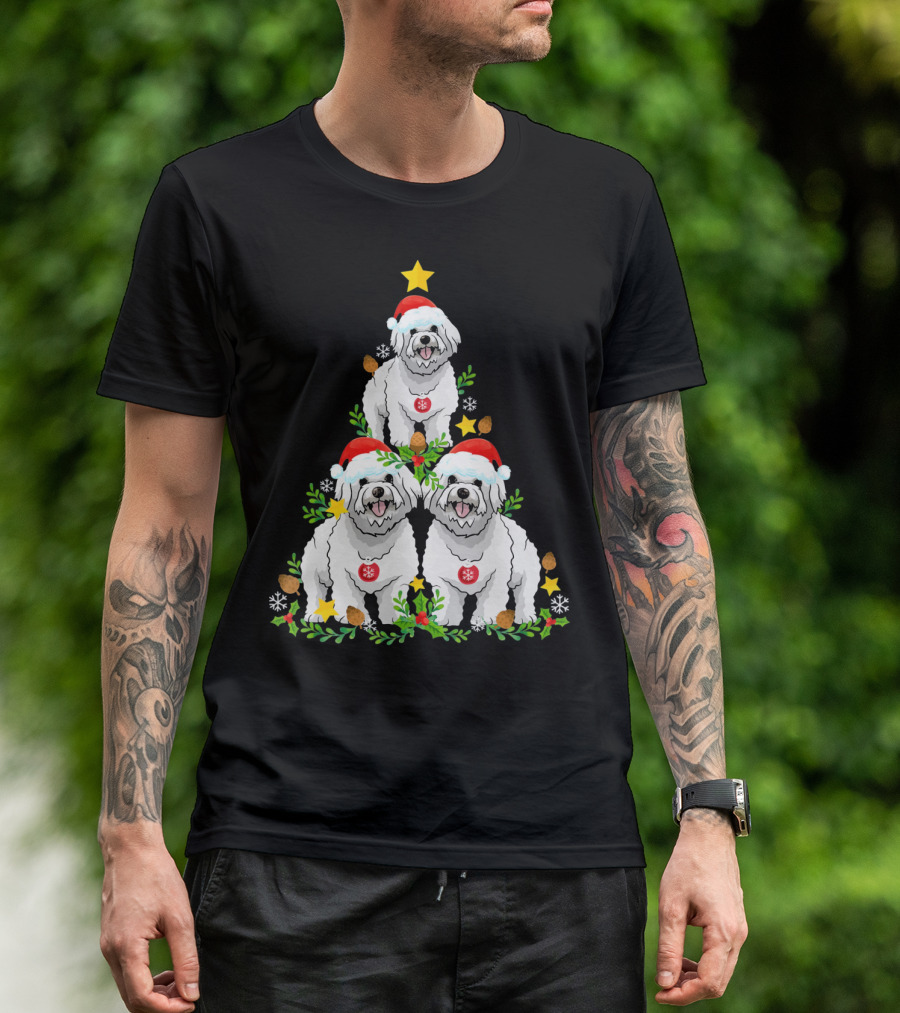 Funny Havanese Dogs Wearing Santa Hats Forming Christmas Tree T-Shirt