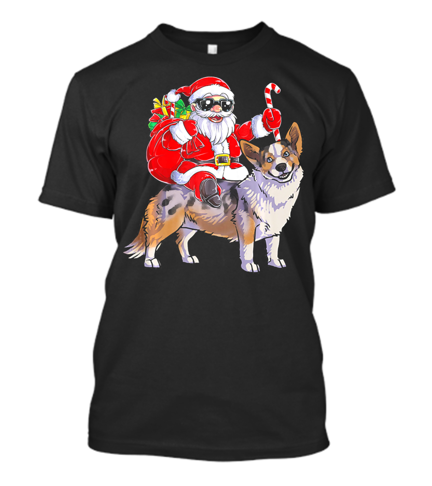 Santa Claus With Goggles Riding Cardigan Welsh Corgi Holding Candy Cane T-Shirt