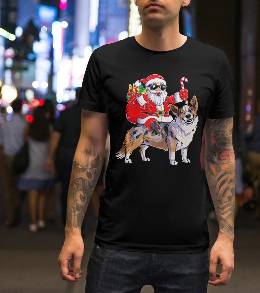 Santa Claus With Goggles Riding Cardigan Welsh Corgi Holding Candy Cane T-Shirt