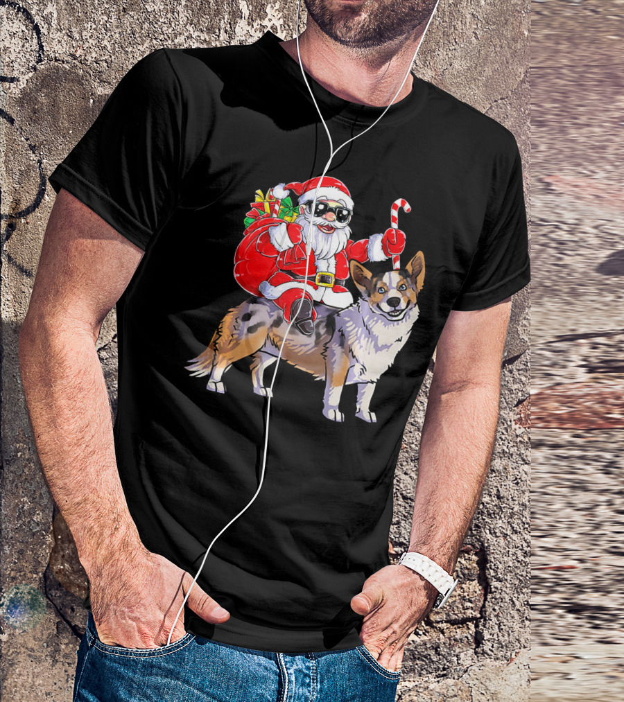 Santa Claus With Goggles Riding Cardigan Welsh Corgi Holding Candy Cane T-Shirt