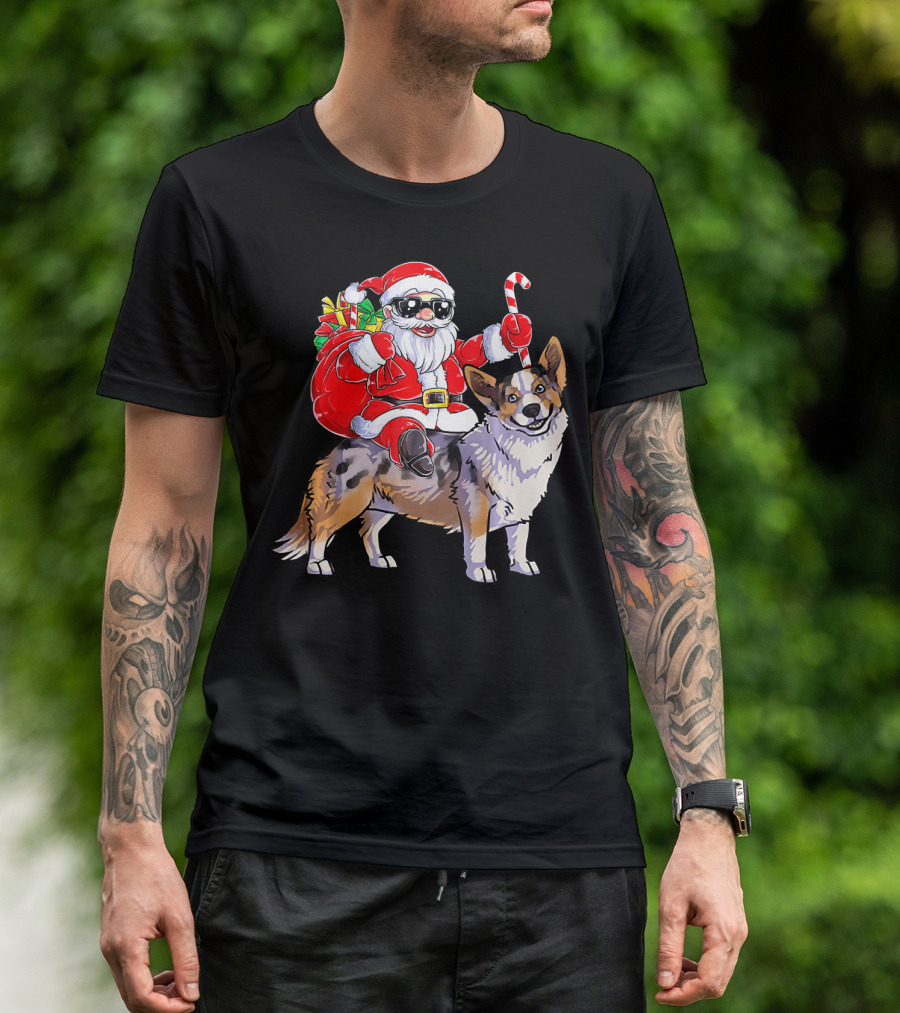 Santa Claus With Goggles Riding Cardigan Welsh Corgi Holding Candy Cane T-Shirt