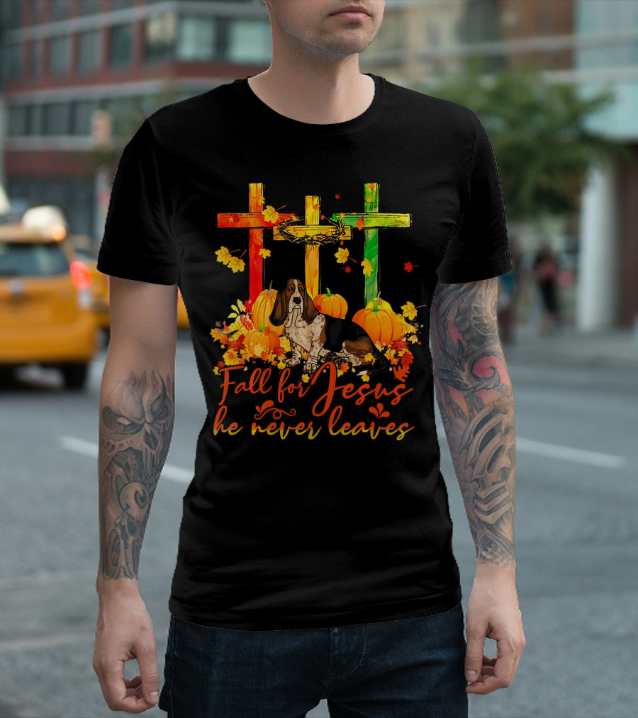 Basset Hound Fall for Jesus He Never Leaves Pumpkins Autumn Leaves Crosses T-Shirt