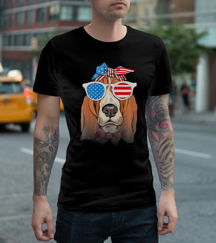 Basset Hound Dog 4th of July Patriotic Glasses and Bowtie T-Shirt