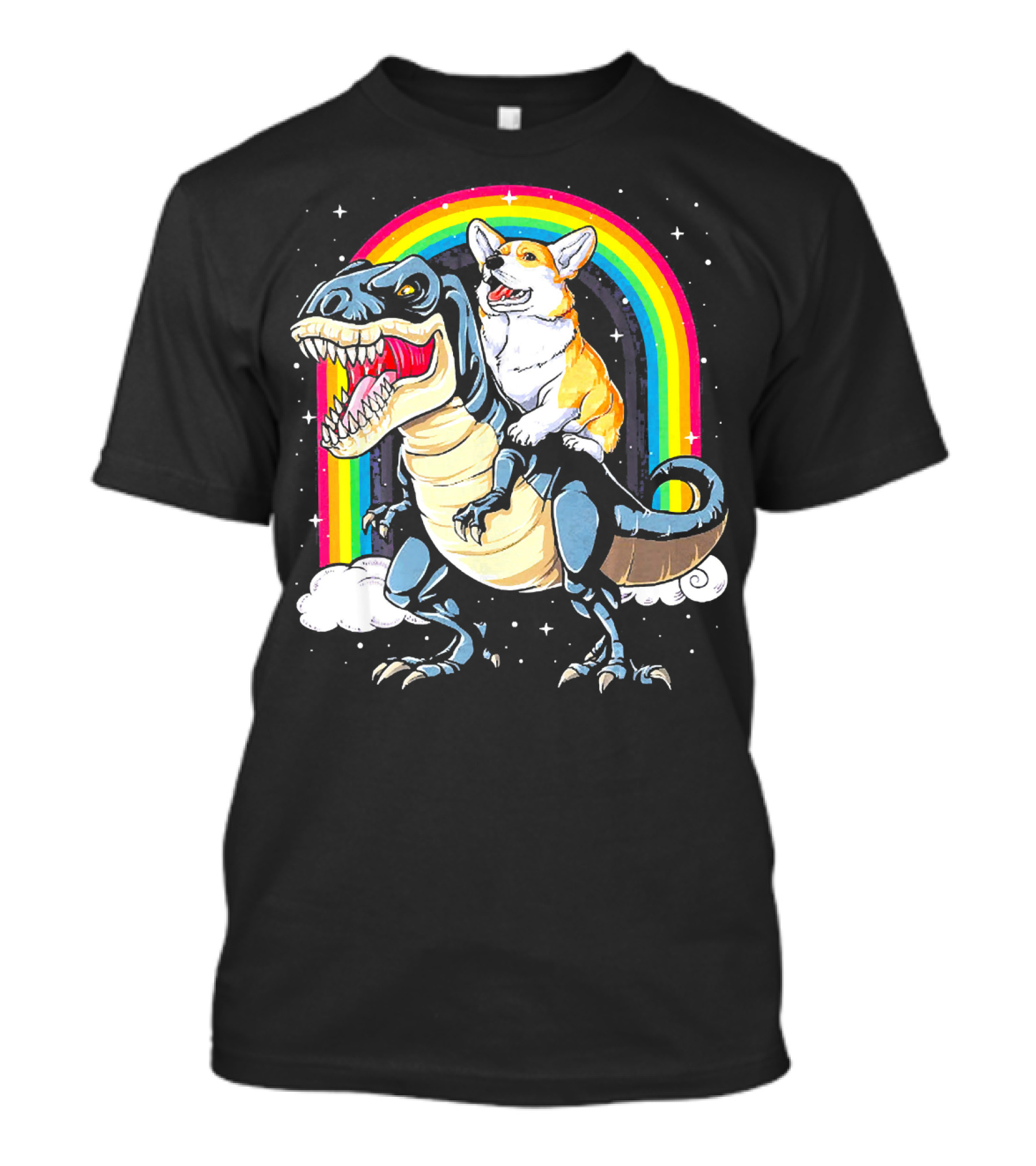 Corgi Riding T-Rex Dinosaur Rainbow Adventure T-Shirt