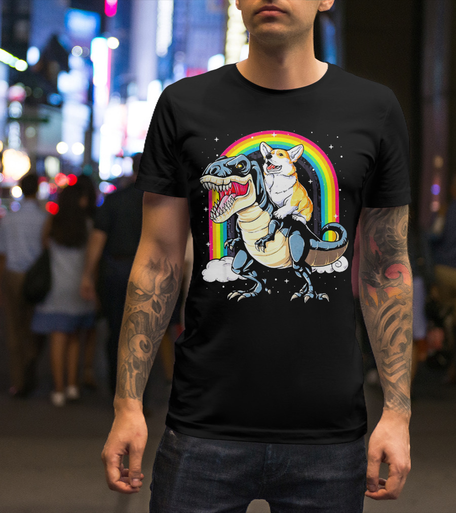Corgi Riding T-Rex Dinosaur Rainbow Adventure T-Shirt