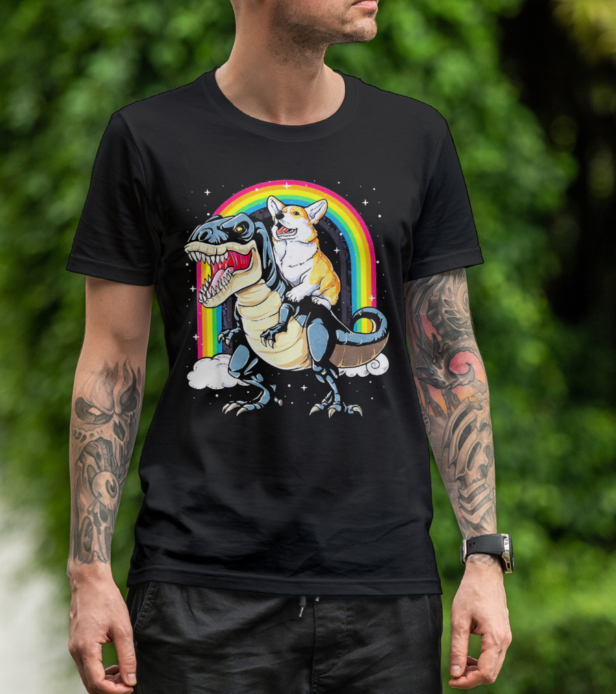 Corgi Riding T-Rex Dinosaur Rainbow Adventure T-Shirt