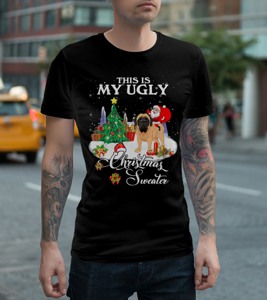 My Ugly Christmas Sweater Santa Riding English Mastiff Dog T-Shirt