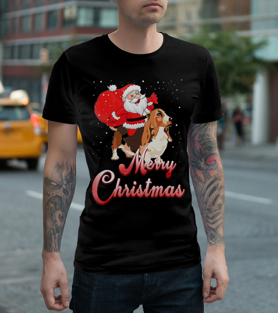 Merry Christmas Santa Riding Basset Hound T-Shirt