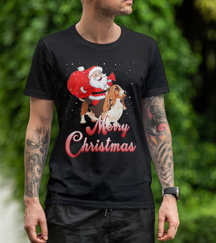 Merry Christmas Santa Riding Basset Hound T-Shirt