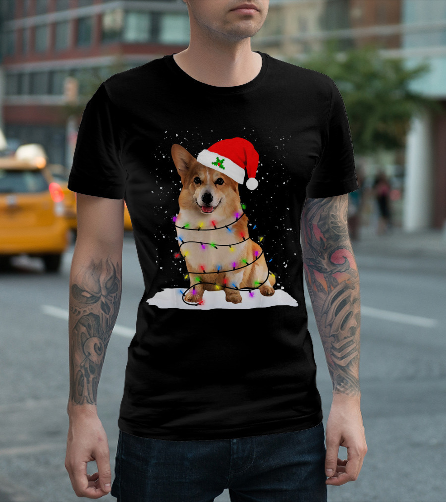 Welsh Corgi Wrapped in Christmas Lights Wearing Santa Hat T-Shirt