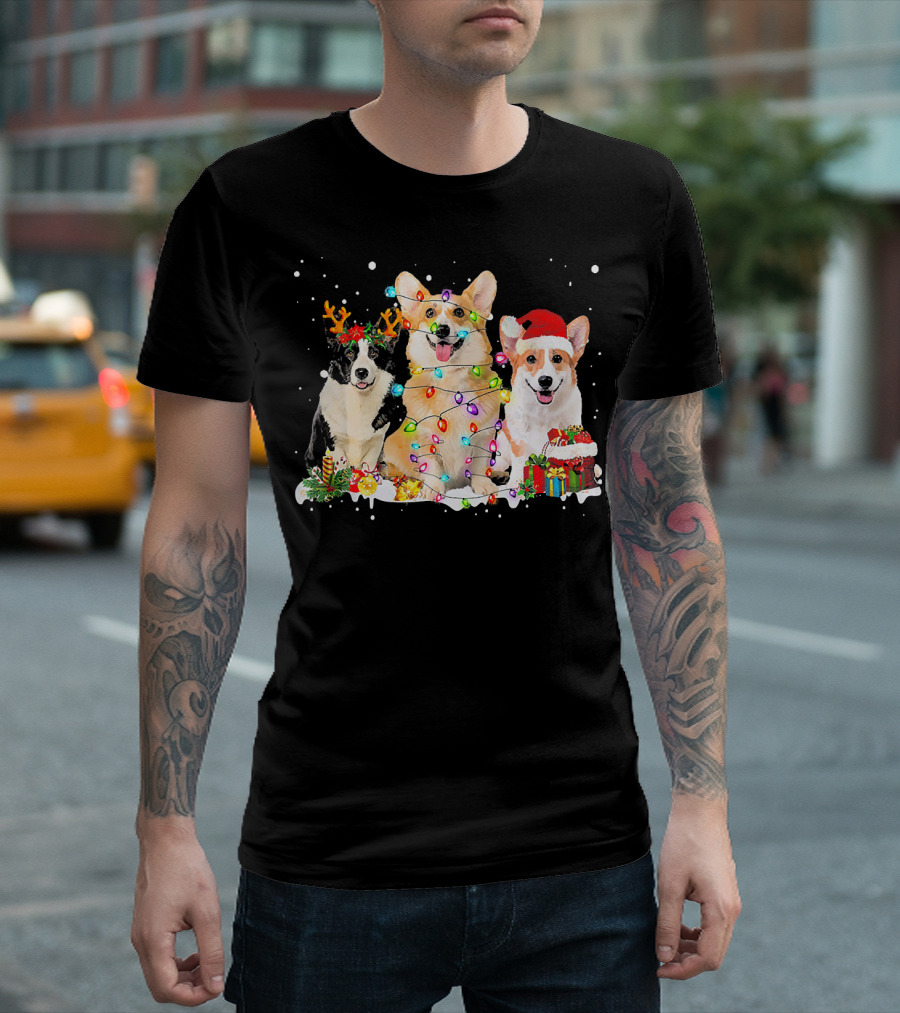 Welsh Corgi Reindeer Santa Lights Christmas T-Shirt