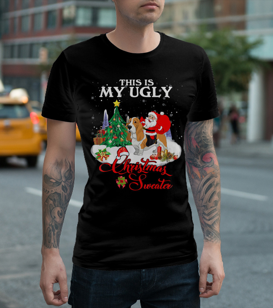 This Is My Ugly Christmas Sweater Santa Riding Basset Hound T-Shirt