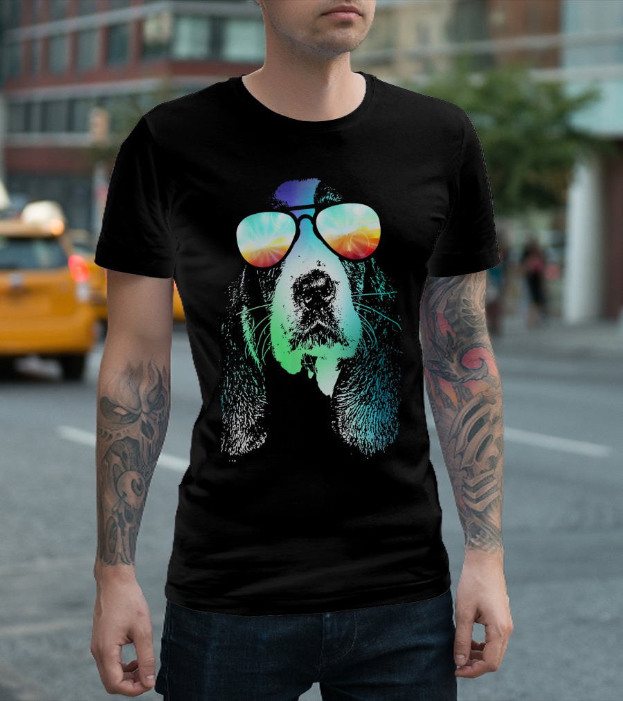 Basset Hound Neon Dog With Colorful Sunglasses T-Shirt