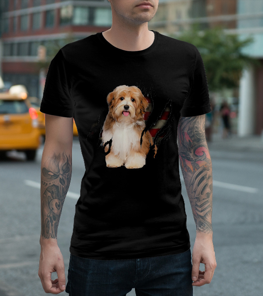 Havanese Dog With American Flag Inside T-Shirt