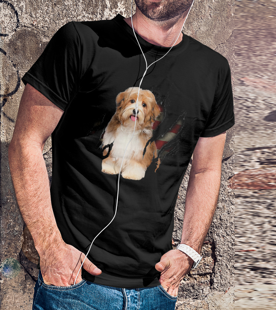 Havanese Dog With American Flag Inside T-Shirt