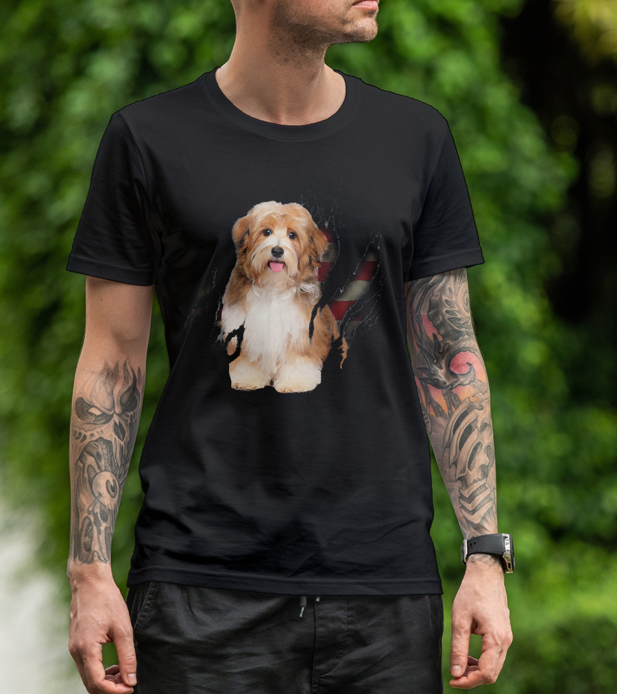 Havanese Dog With American Flag Inside T-Shirt