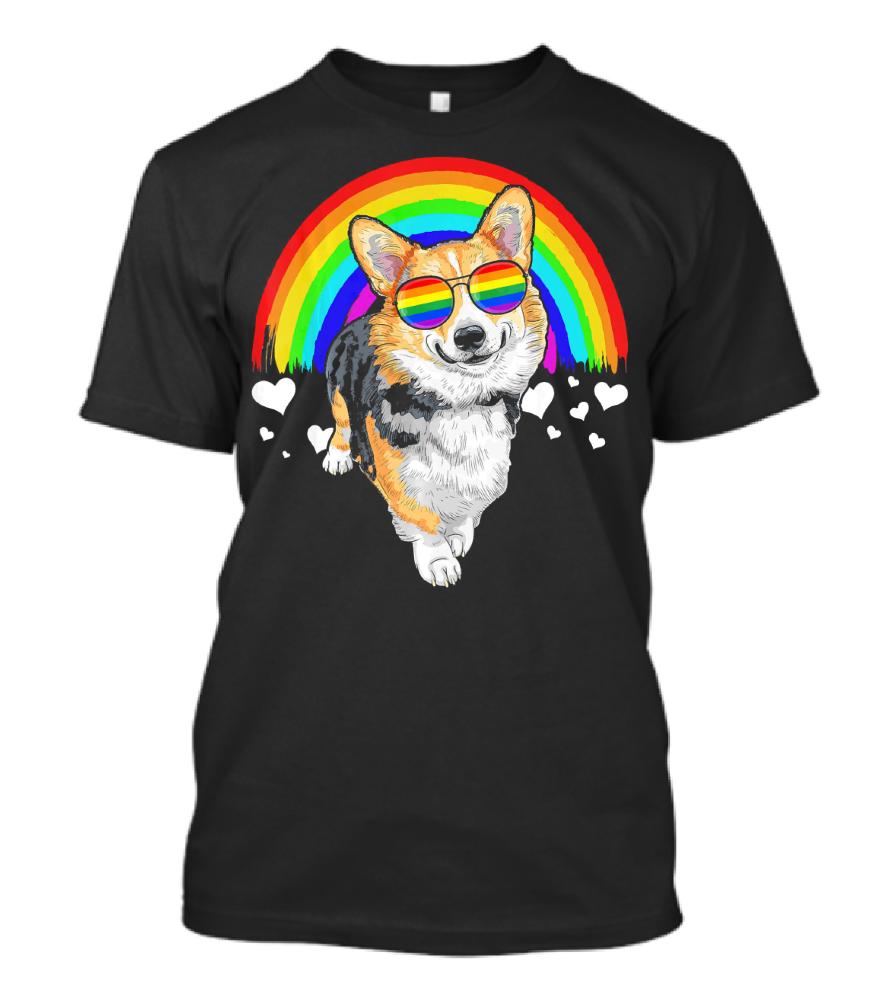 Welsh Corgi In Rainbow Sunglasses With Hearts And Pride Flag Colors T-Shirt