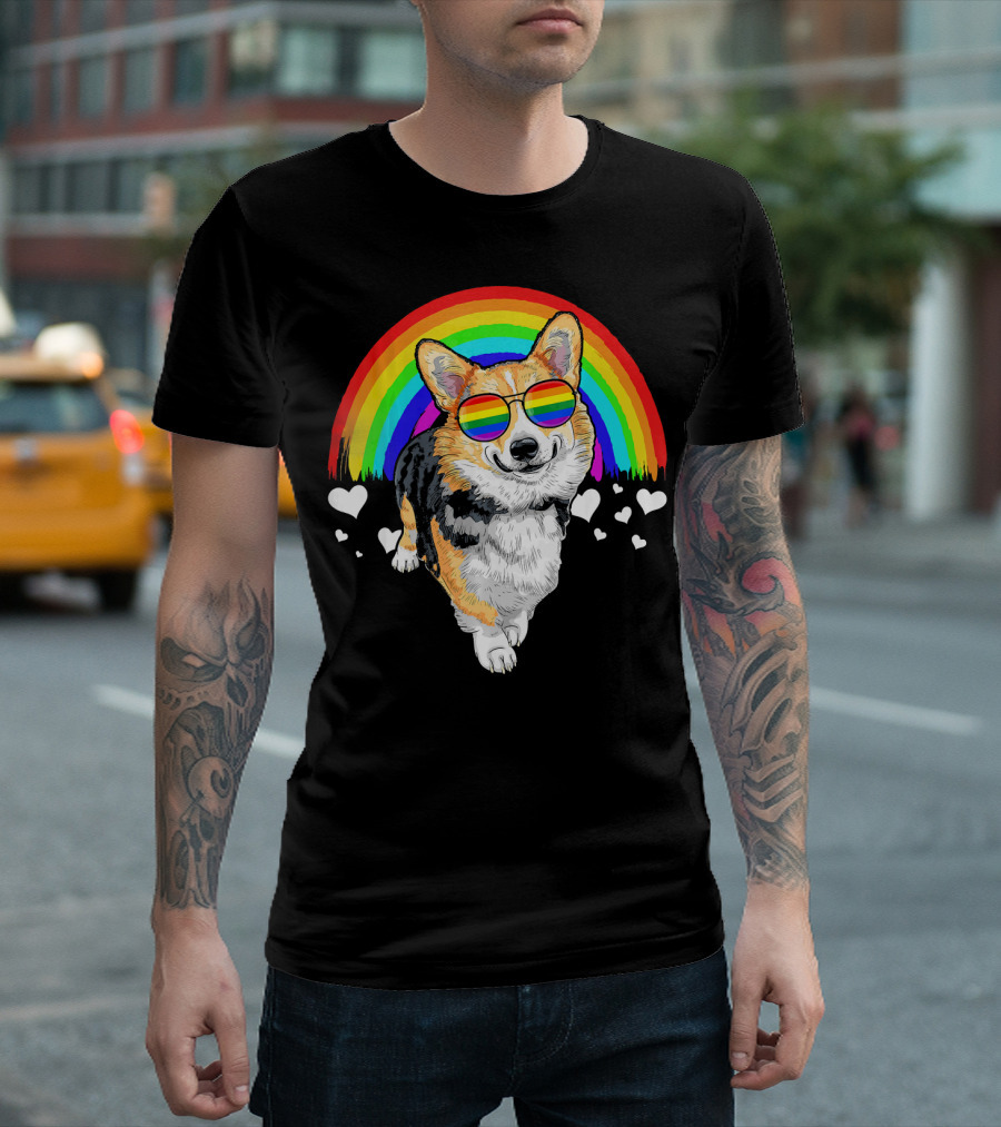 Welsh Corgi In Rainbow Sunglasses With Hearts And Pride Flag Colors T-Shirt