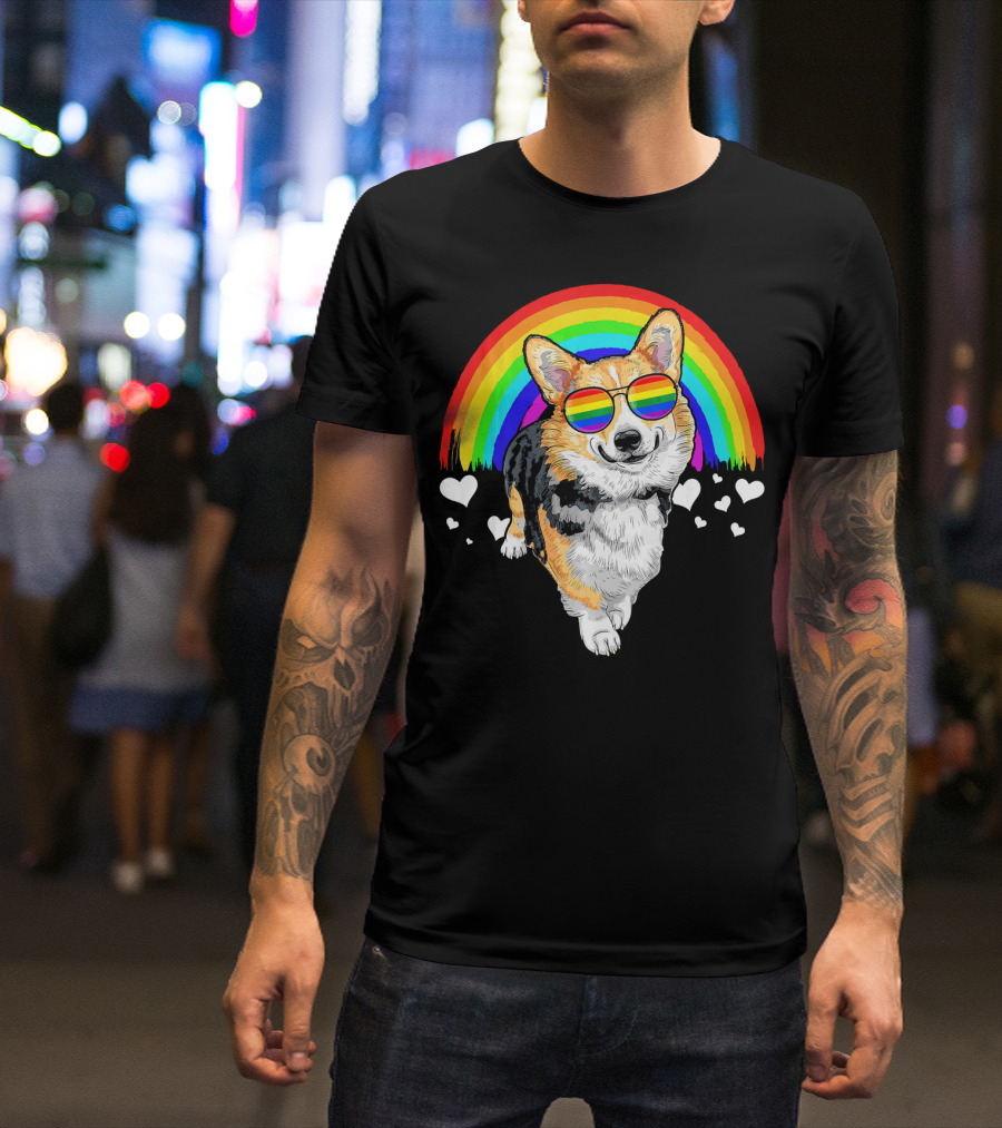 Welsh Corgi In Rainbow Sunglasses With Hearts And Pride Flag Colors T-Shirt