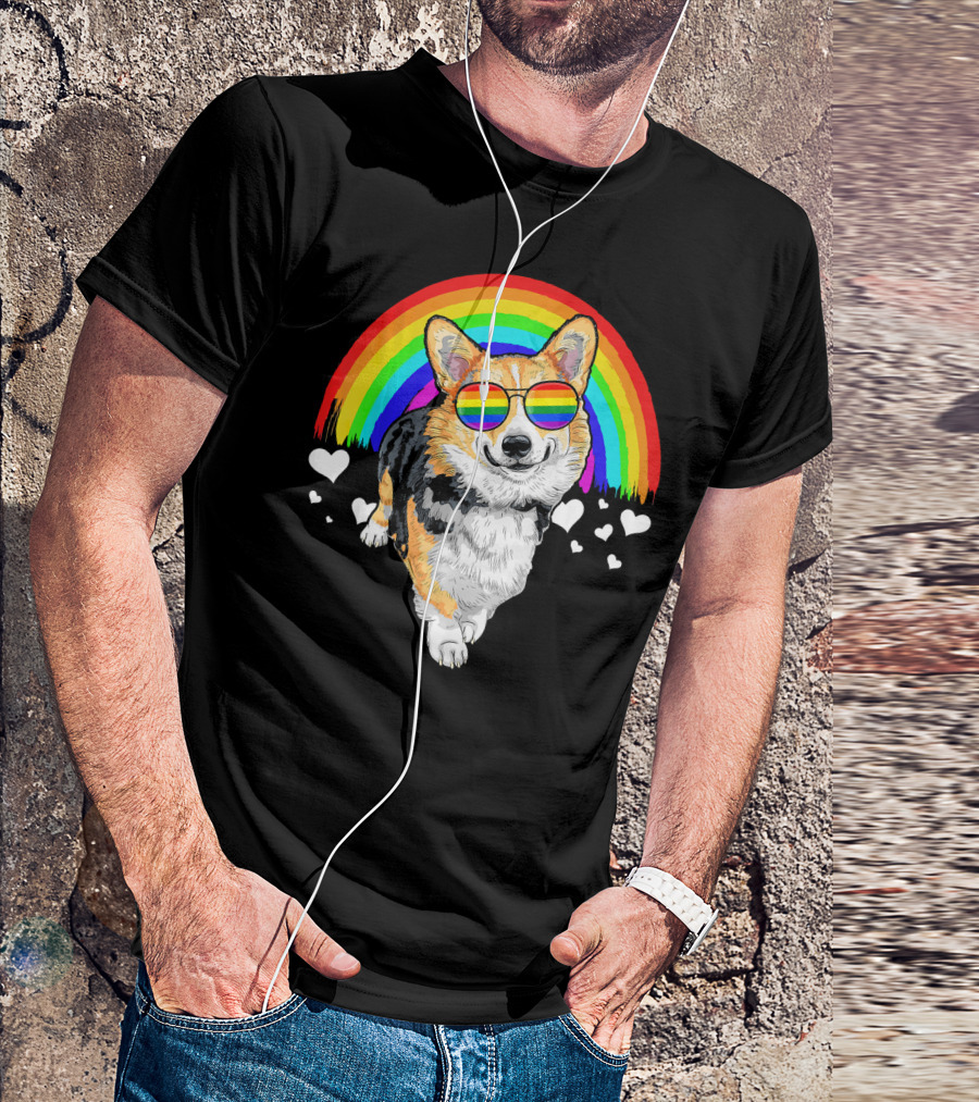 Welsh Corgi In Rainbow Sunglasses With Hearts And Pride Flag Colors T-Shirt