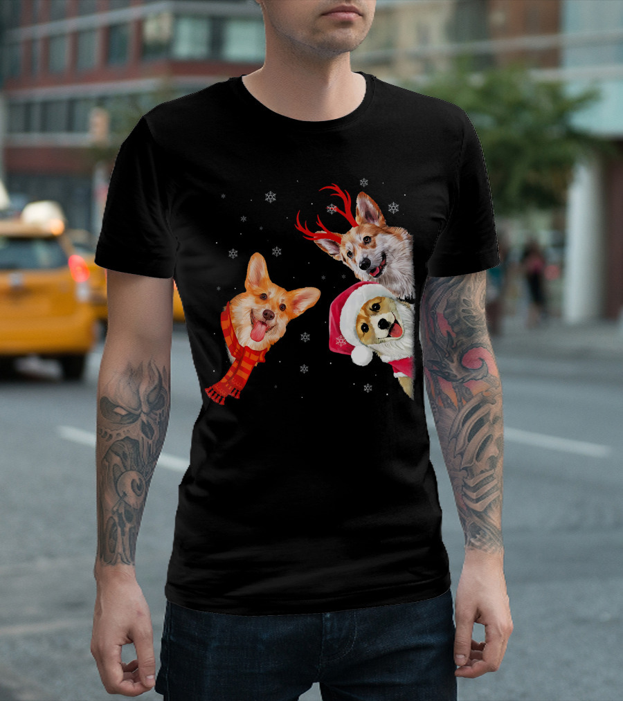 Tee89s Corgi Holiday Fun Facts With Festive Santa Hats And Reindeer Antlers T-Shirt