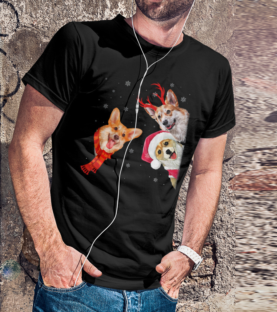 Tee89s Corgi Holiday Fun Facts With Festive Santa Hats And Reindeer Antlers T-Shirt