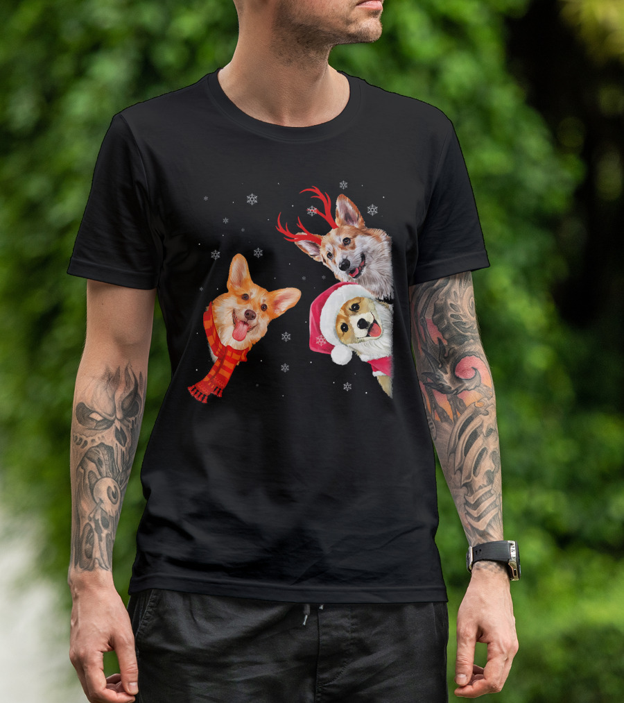 Tee89s Corgi Holiday Fun Facts With Festive Santa Hats And Reindeer Antlers T-Shirt