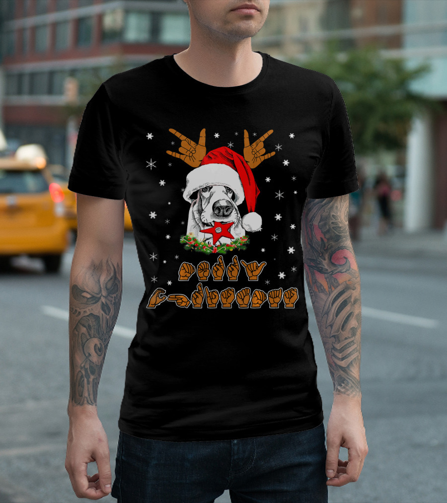 Basset Hound Dog ASL Sign Language Deaf Merry Christmas Holiday Santa Hat Snowflakes T-Shirt