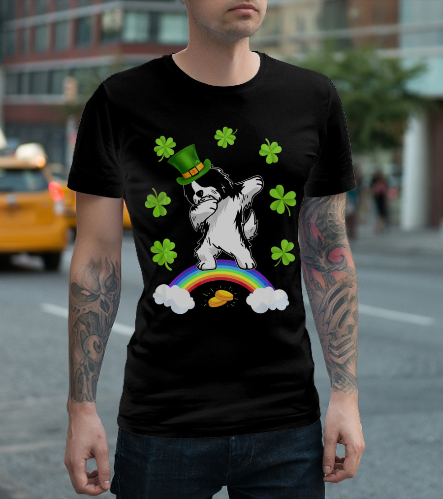St Patricks Day Dabbing Irish Dog With Shamrocks And Rainbow T-Shirt