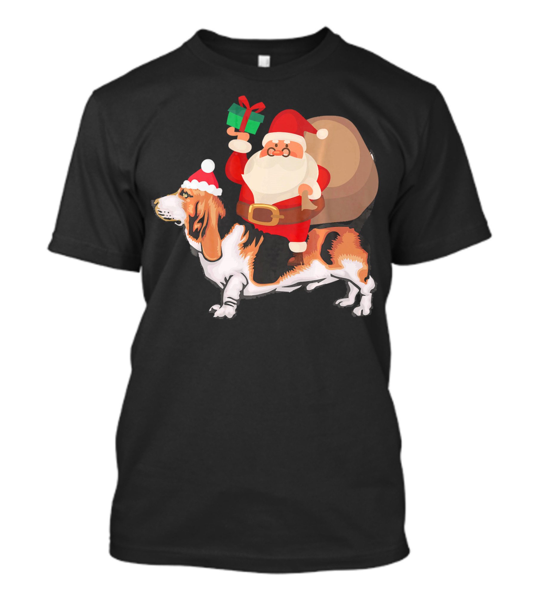 Santa Holding Gift Riding Basset Hound With Sack T-Shirt