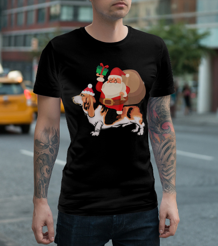 Santa Holding Gift Riding Basset Hound With Sack T-Shirt
