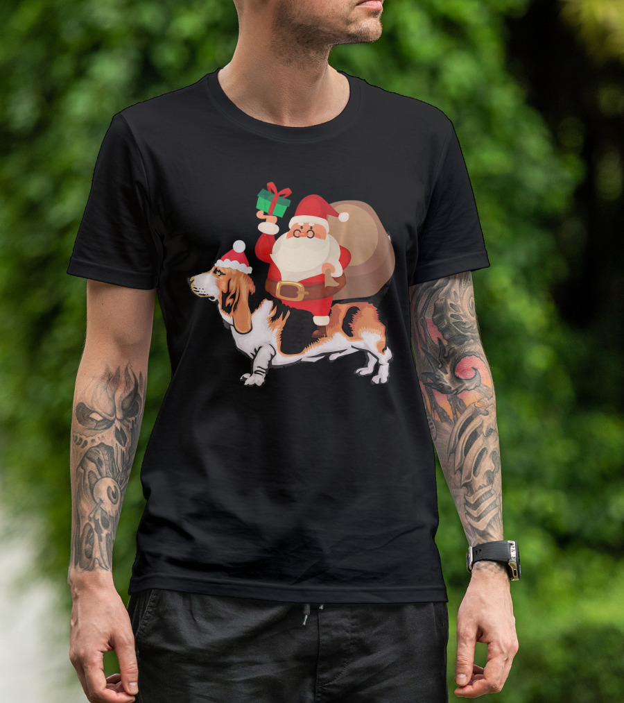 Santa Holding Gift Riding Basset Hound With Sack T-Shirt