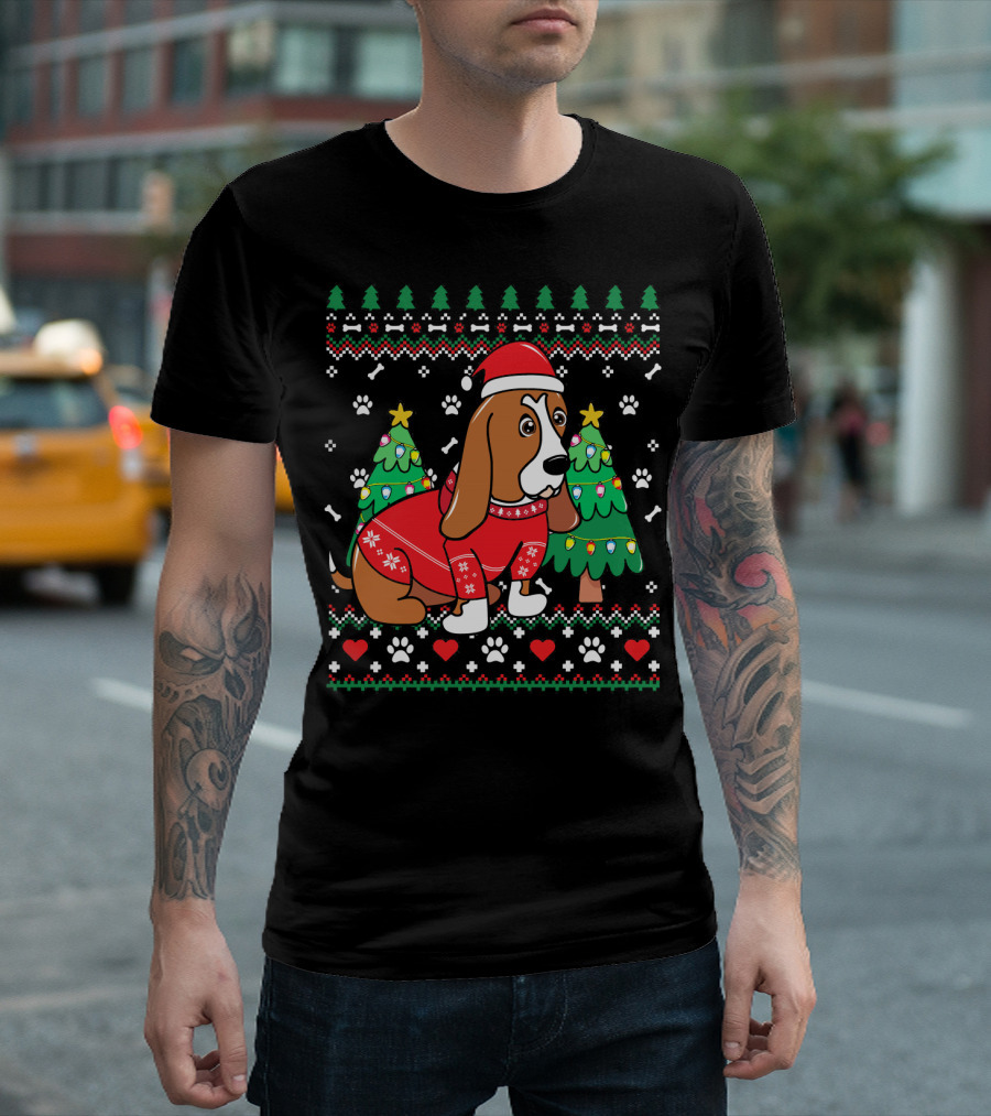 Basset Hound Christmas Ornament Tree with Festive Sweater and Santa Hat T-Shirt