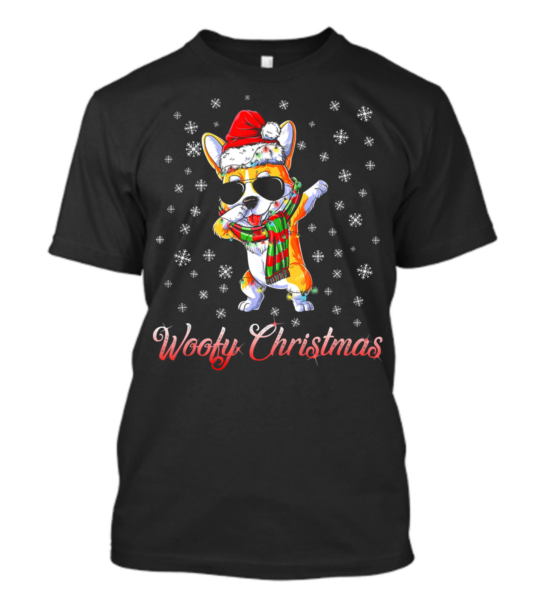 Woofy Christmas Dabbing Corgi In Santa Hat With Snowflakes T-Shirt