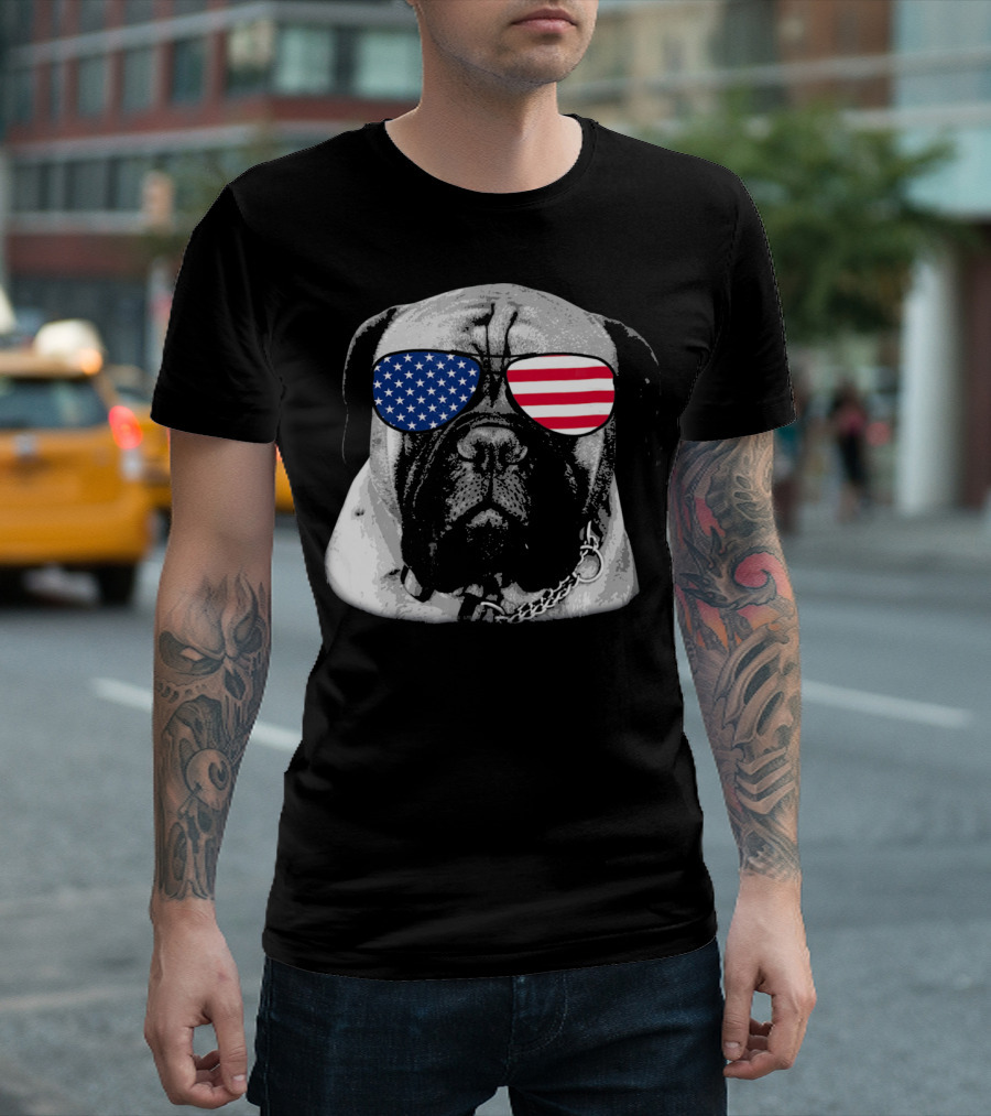 Bullmastiff Dog Wearing American Flag Sunglasses Merica T-Shirt