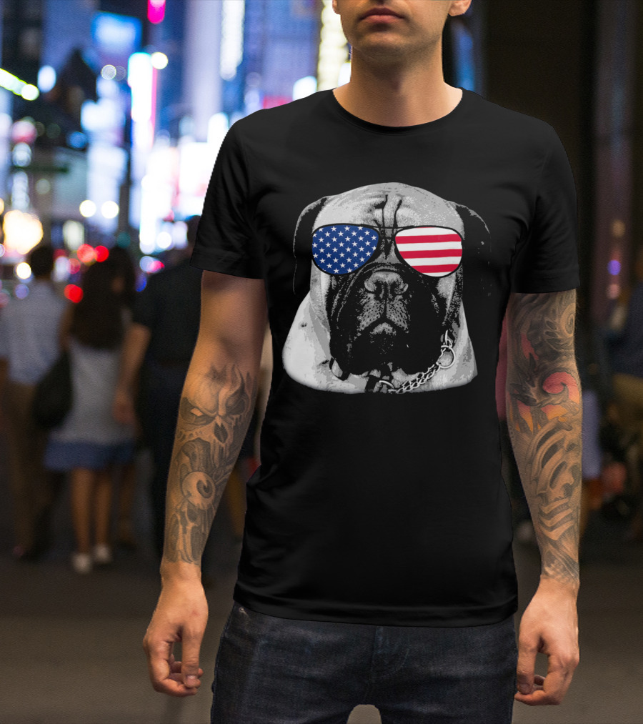 Bullmastiff Dog Wearing American Flag Sunglasses Merica T-Shirt