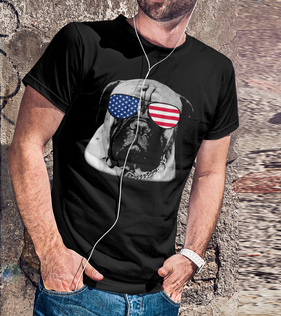 Bullmastiff Dog Wearing American Flag Sunglasses Merica T-Shirt