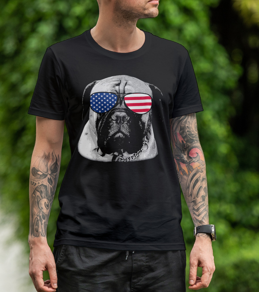 Bullmastiff Dog Wearing American Flag Sunglasses Merica T-Shirt