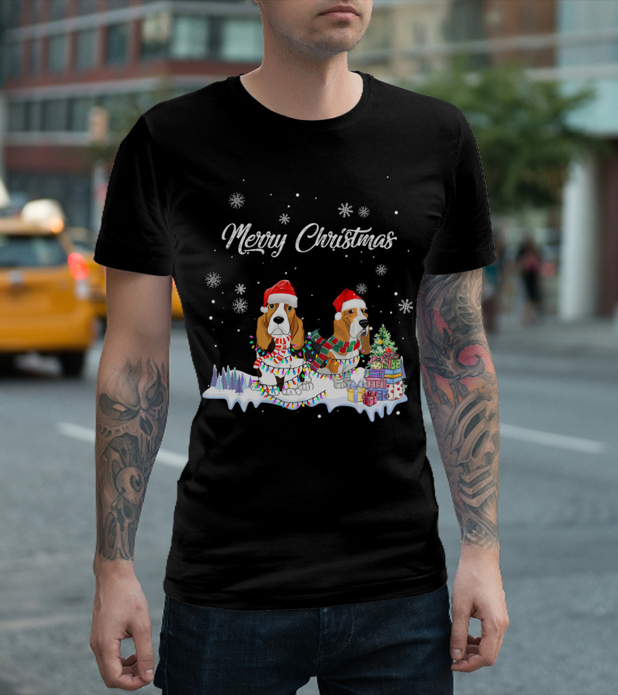 Merry Christmas Basset Hound Dog Santa Hat Lights T-Shirt