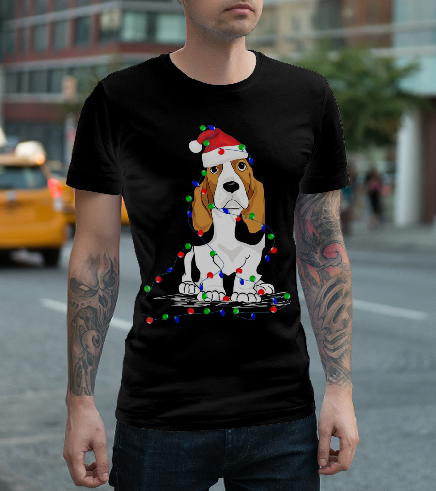 Basset Hound Santa Hat Wrapped in Christmas Lights Holiday Scene T-Shirt