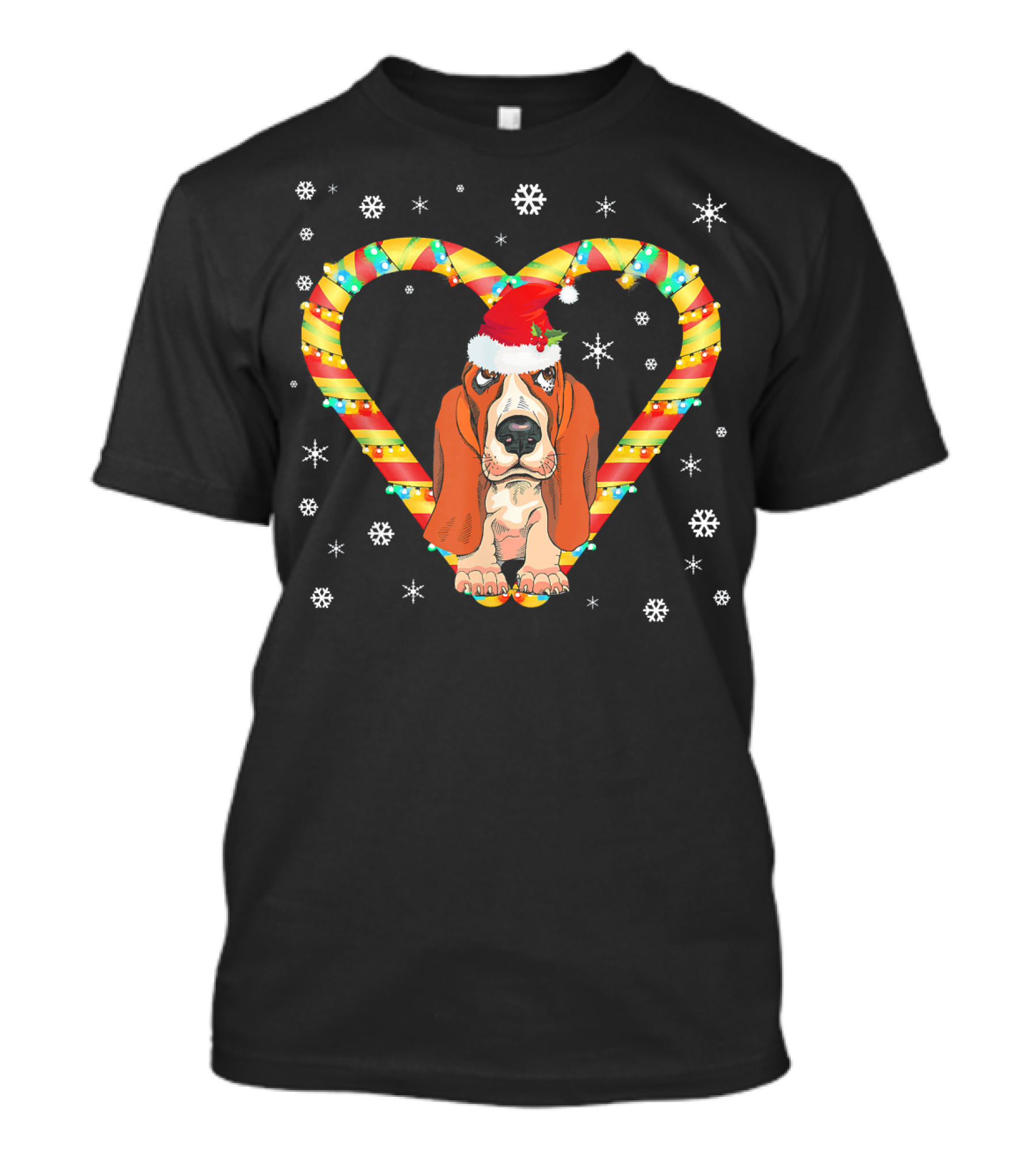 Basset Hound Santa Hat Candy Cane Heart Snowflakes T-Shirt