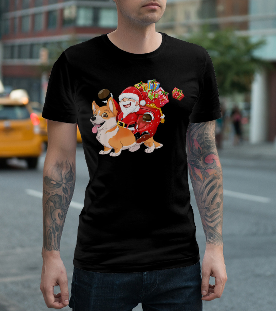 Santa Riding Welsh Corgi Christmas Pajama Fun Holiday Presents T-Shirt